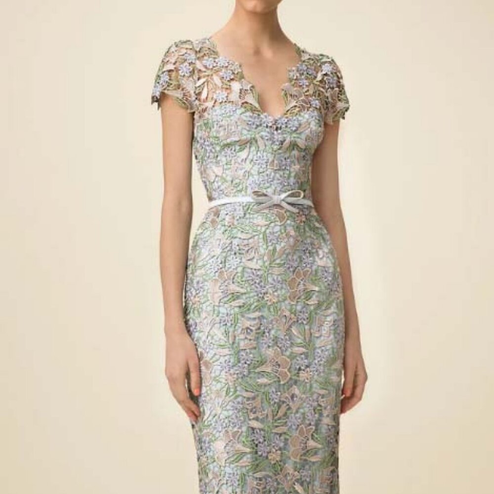 Marchesa Notte Ice Bell Bloom Sheath Crochet Overlay Dress Muted Blue 6 Small